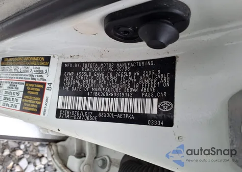 2008 Toyota Avalon Limited z USA, uszkodzony, nr VIN 4T1BK36B88U319143